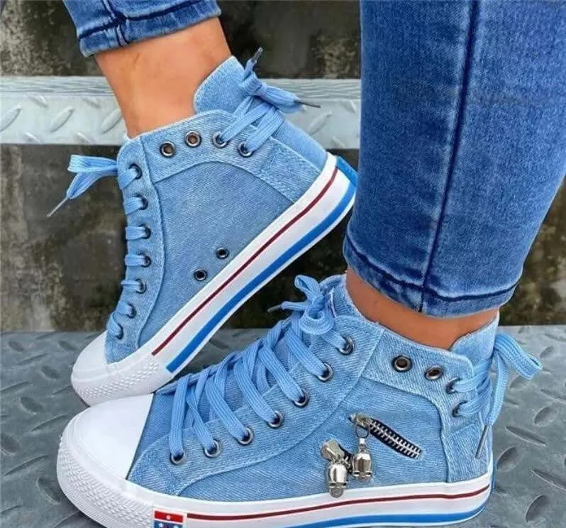 Women's Denim High-Top Lace-Up Sneakers
