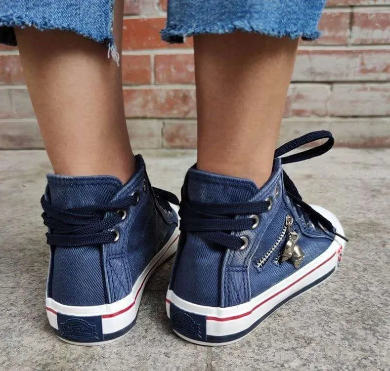 Women's Denim High-Top Lace-Up Sneakers