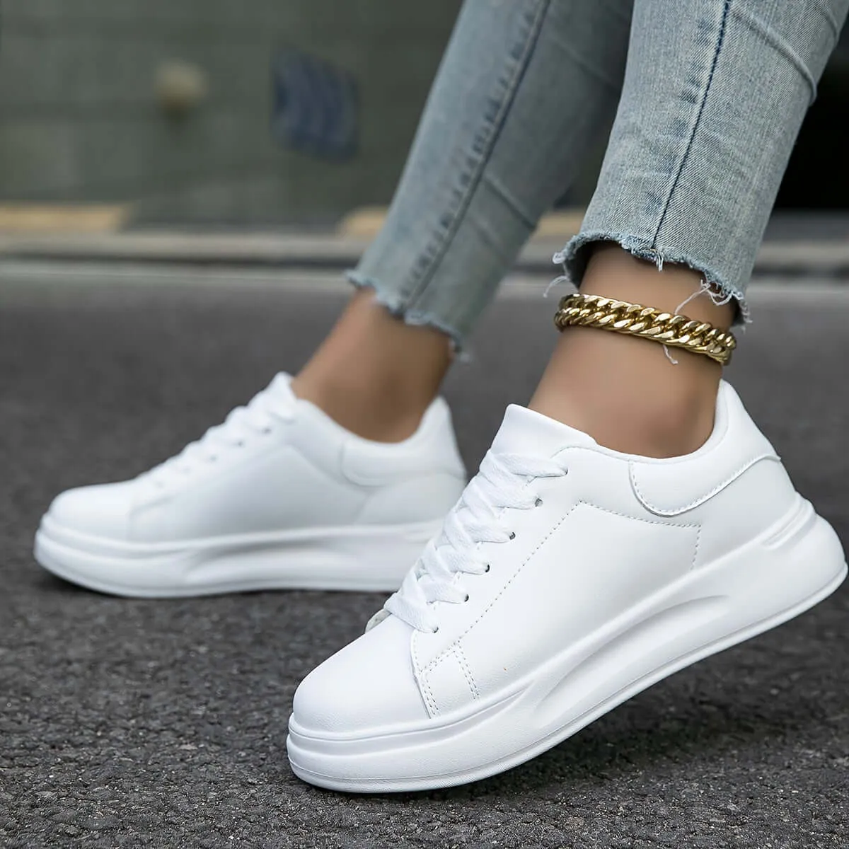 Women's White Leather Low-Top Sneakers