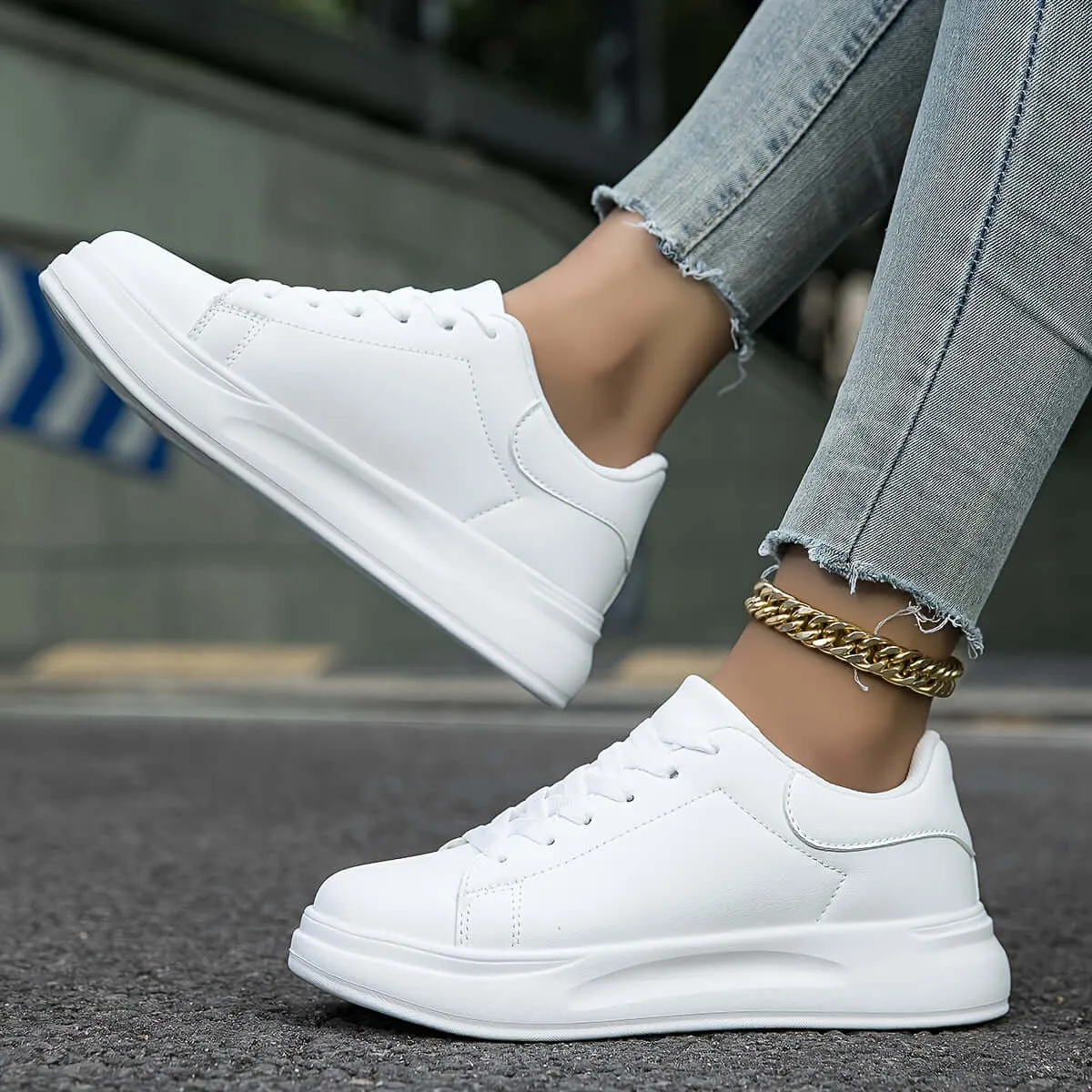 Women's White Leather Low-Top Sneakers