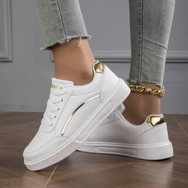 Women's White Leather Sneakers with Metallic Accents