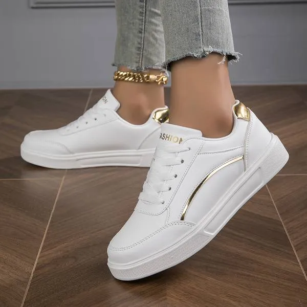 Women's White Leather Sneakers with Metallic Accents
